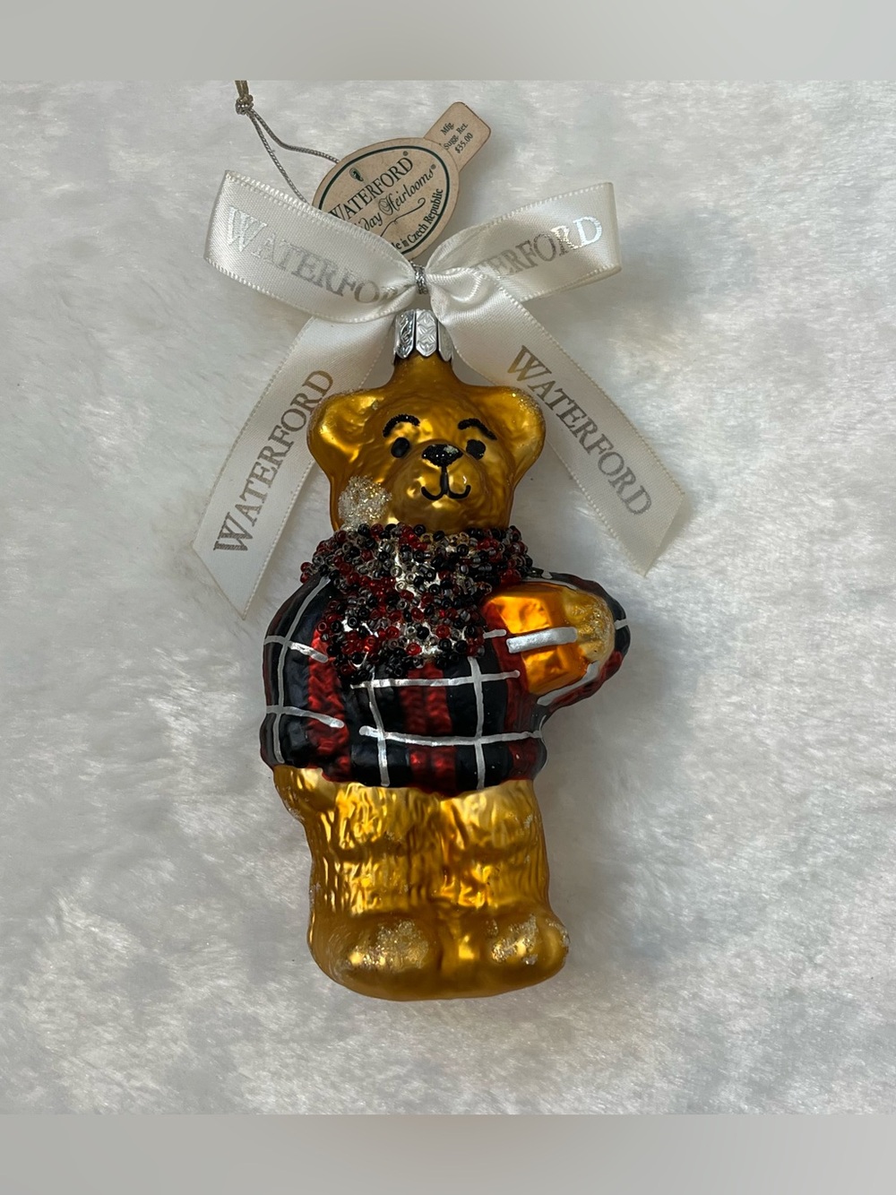WATERFORD Glass Christmas Ornament Plaid Teddy Bear